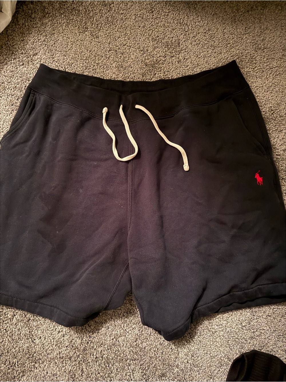 Ralph Lauren Black Athletic Shorts with Cream Drawstring and Red Pony